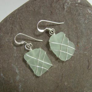 Seafoam Sea Glass Earrings, Wire Wrapped - Sterling Silver