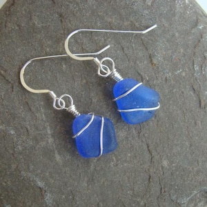 Cobalt Blue Sea Glass Earrings - Wire Wrapped - Sterling Silver