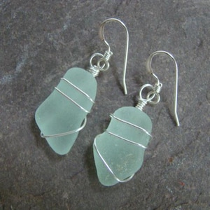 Seafoam Sea Glass Earrings, Wire Wrapped - Sterling Silver