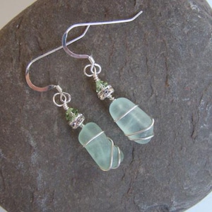 Seafoam Sea Glass Earrings: Sterling Silver Wire Wrapped, Swarovski Crystals