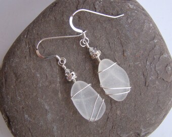 White Sea Glass Earrings -  Wire Wrapped - Sterling Silver - Beach Bride Earrings