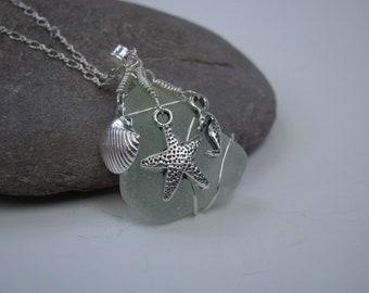 Seafoam Sea Glass Pendant Necklace - Starfish, Sea Shell, Seahorse - Sterling Silver Chain