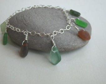 Sterling Silver Sea Glass Charm Bracelet: Aqua, Green, Brown