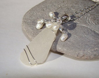 White Genuine Sea Glass Pendant Necklace, Wire Wrapped - Freshwater Pearl, Crystals - Sterling Silver Chain