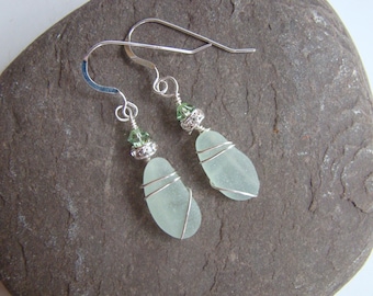 Seafoam Sea Glass Earrings: Sterling Silver Wire Wrapped, Swarovski Crystals