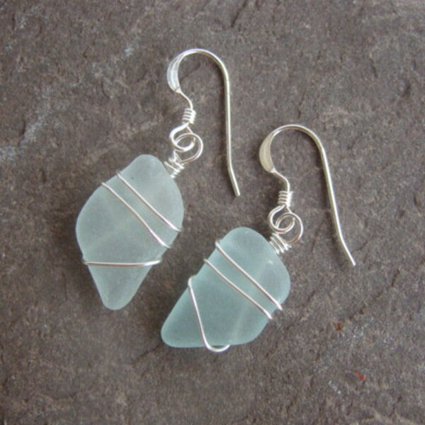 Seafoam Sea Glass Earrings, Wire Wrapped - Sterling Silver