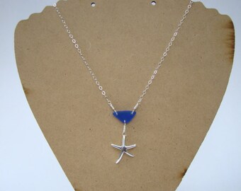 Sterling Silver Starfish Necklace - Cobalt Sea Glass Pendant - Nautical Jewelry