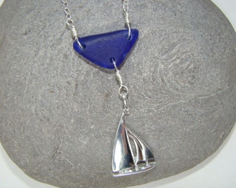 Sterling Silver Sailboat Necklace - Cobalt Sea Glass Pendant - Nautical Jewelry