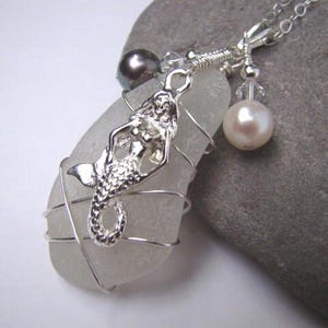 Mermaid Pendant Necklace - Pale Grey Sea Glass - Sterling Silver Chain