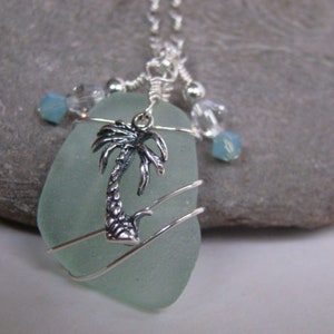 Palm Tree Necklace Sterling Silver- Aqua Sea Glass Pendant - Wire Wrapped Beach Glass Jewelry