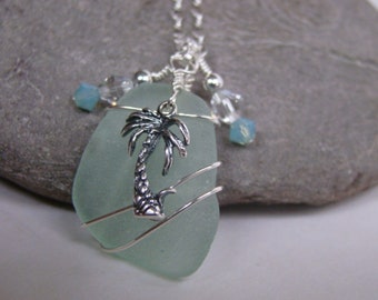 Palm Tree Necklace Sterling Silver- Aqua Sea Glass Pendant - Wire Wrapped Beach Glass Jewelry