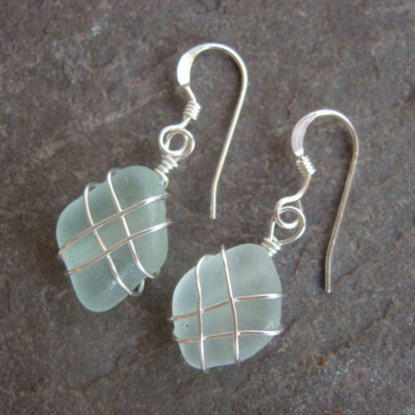 Seafoam Sea Glass Earrings, Wire Wrapped - Sterling Silver