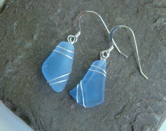 Cornflower Blue Sea Glass Earrings - Sterling Silver