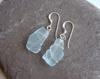 Aqua Sea Glass Earrings - Sky Blue Earrings - Sterling Silver Wire Wrapped