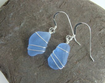 Cornflower Blue Sea Glass Earrings - Sterling Silver