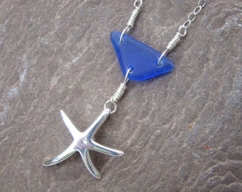 Sterling Silver Starfish Necklace - Cobalt Sea Glass Pendant - Nautical Jewelry