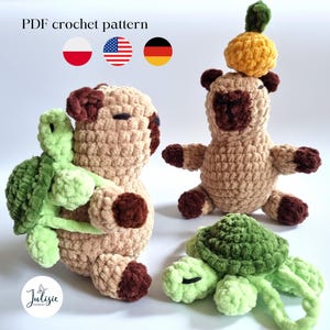 May include: A PDF crochet pattern featuring three handmade stuffed animals: two bears and a turtle. The bears are tan with brown accents, and one has a pineapple on its head. The turtle is green. The text "PDF crochet pattern" is at the top.
