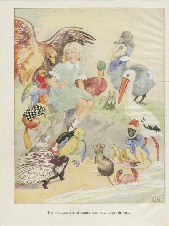 Alice In Wonderland Print 1944 Pool Of Tears Mouse Duck Dodo Lory Eaglet Kids Bedroom Decor Girls Room Decor Rene Cloke Fairy Tale Art