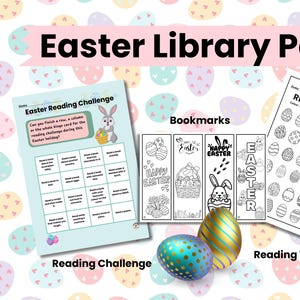 May include: An Easter-themed library pack featuring a reading challenge, bookmarks, and a reading tracker. The reading challenge is a bingo card with activities such as "Read a book about a different country" and "Read a book with a colour in the title". The bookmarks are black and white and feature Easter eggs, bunnies, and the words "Happy Easter". The reading tracker is a sheet with 48 Easter eggs to colour in, with the instructions "Colour 1 egg for every 15 minutes you read this holiday".