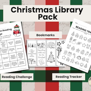 May include: A Christmas Library Pack with a reading challenge, reading tracker, and bookmarks. The reading challenge includes a bingo card with reading prompts. The reading tracker has Christmas-themed illustrations. The bookmarks have festive designs.