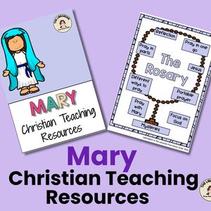 May include: Two educational printables on a lavender background. One features an illustration of Mary with the text "MARY Christian Teaching Resources." The other shows a diagram of a rosary with key phrases like "The Rosary" and "Pray with Mary."