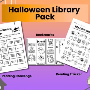 May include: A Halloween Library Pack with a reading challenge, reading tracker, and bookmarks. The reading challenge is a bingo card with prompts. The reading tracker has Halloween-themed illustrations. The bookmarks have Halloween-themed designs.
