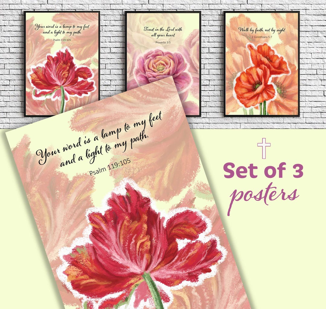 Floral Bible Verse Print Set, Christian Scripture Wall Art (digital ...