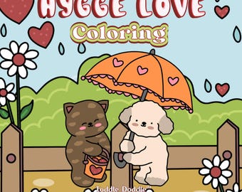 Op de afbeelding: Een kleurplaat met een kat en een hond onder een paraplu met harten. De tekst "Hygge Love Coloring" staat bovenaan de pagina.
