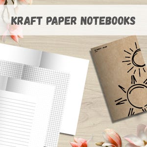 May include: Kraft paper notebooks with various interior page styles, including lined, grid, and blank pages. One notebook features a sun illustration. The image includes the text "KRAFT PAPER NOTEBOOKS".