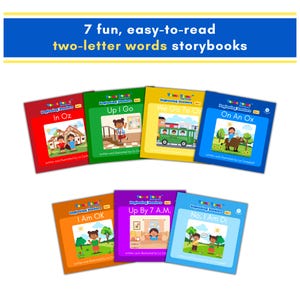 May include: Seven colorful children's storybooks with the text "7 fun, easy-to-read two-letter words storybooks." The books have titles like "In Oz," "Up I Go," and "On An Ox." Each book features illustrations and the author's name.