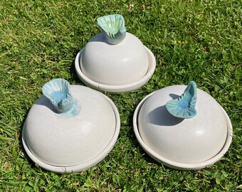 Handmade White Clay Butter Dish: Green Bird Decor