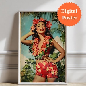 Retro Hawaii Hula Girl Digital print | Vintage Hawaiian Hula Dancer 1950s  | Tropical Wall Decor