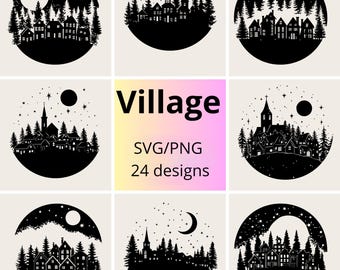 Kerstdorp SVG PNG-bundel: landschap silhouet clipart