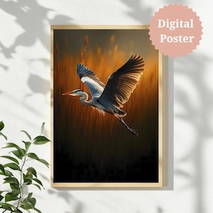 Heron Print | Heron in Flight Print | Bird Wall Art | Wildlife Heron Photography Style Art | Heron Poster | Bird Art | Elegant Flying Heron