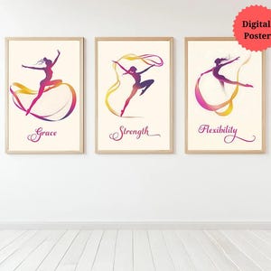 Personalized Gymnastics Art | Ballet Gymnast Inspirational Print Set | Digital Custom Poster for Girls&#39; Room | Grace, Strength, Flexibility
