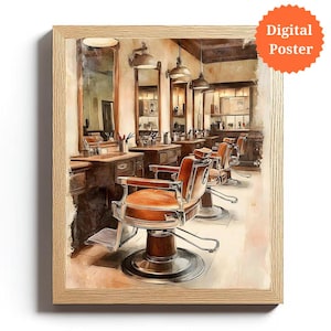 Retro Barbershop Poster | Classic Barber Chair Print | Vintage Hair Salon Printable | Retro Men&#39;s Salon Art | Vintage Rustic Barber Interior