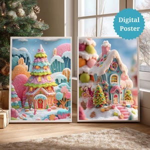 May include: Two framed digital posters featuring whimsical, colorful illustrations of candy-covered houses and trees in a snowy landscape. The text "Digital Poster" is on one of the posters. The artwork has a fairytale theme with pastel colors.