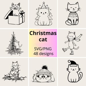 Op de afbeelding: Een verzameling zwart-wit kerstkatontwerpen. De ontwerpen omvatten katten in een geschenkdoos, met een kerstboomhoed, in een trui, klimmend in een kerstboom, gewikkeld in lichten, met een hoed en schaatsen. De tekst "Christmas cat" is ook opgenomen.