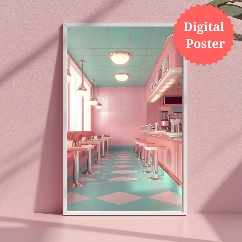1950s Retro Diner Digital Poster | Vintage American Pink Retro Café ...