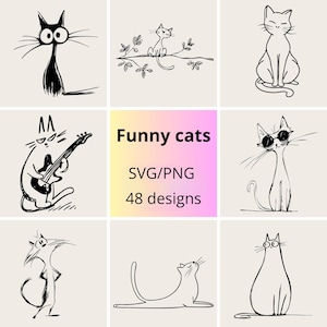 Puede incluir: Una colección de ilustraciones caprichosas de gatos en blanco y negro. Los diseños incluyen gatos en varias poses, como sentados, tocando la guitarra y usando gafas de sol. También se incluye el texto "Funny cats" y "SVG/PNG 48 diseños".