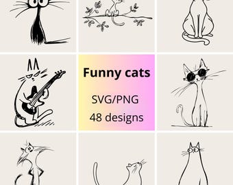 Funny Cat SVG & PNG Bundle: Quirky Line Art Illustrations (Digital Download