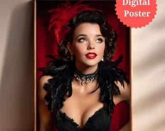 Vintage Showgirl Portrait Wall Art | Classic Hollywood Lady Red and Black  Print