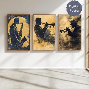 Vintage Jazz Music Poster Set: Saxophone & Trumpet Silhouettes (Digital Prints)