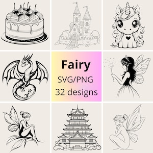 Lot de contes de fées SVG et PNG | SVG magique | Ensemble de cliparts féeriques | Ensemble svg dragon, licorne et châteaux de fées | Pack svg créatures magiques