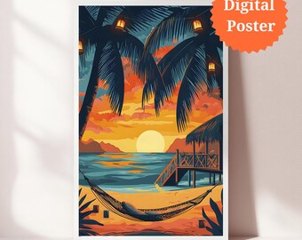 Póster de playa con atardecer tropical: Arte de viaje costero (Descarga digital, varios tamaños disponibles)