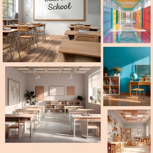 May include: A collection of digital school backgrounds. The images show classrooms with desks, a corridor with lockers, and a room with a globe and books. Text on the image reads "Back to School" and "School Digital Background". The image is 61x76 cm.