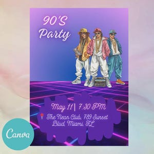 90s Party Invitation Template: Retro Hip-Hop Birthday (Canva Editable, 5x7, Digital Download