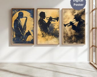 Vintage Jazz Music Poster Set: Saxophone & Trumpet Silhouettes (Digital Prints)