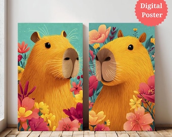 Capybara Wall Art Set | Colorful Capybara Poster | Floral Animal Nursery Decor | Cute Capybara Print