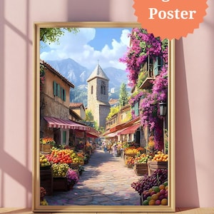 European Village Market Scene - Rustic Digital Wall Poster